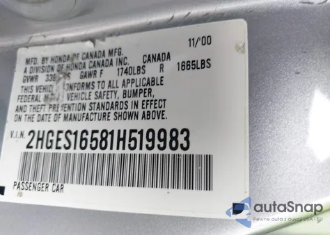 2001 Honda Civic Lx from USA, damaged, VIN 2HGES16581H519983